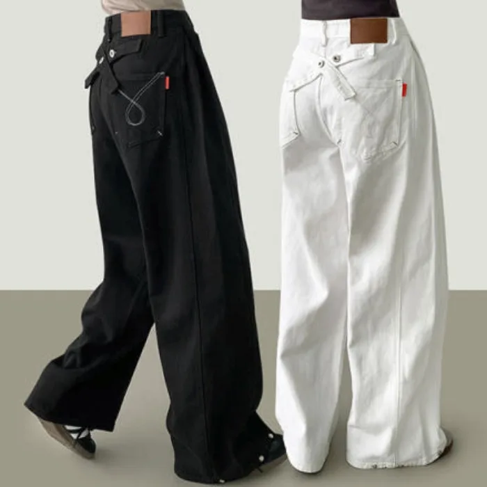 

High Waist Straight Leg High Line Design Splicing Loose Women's Jeans Casual Style Spring Collection Comfortable Cotton Denim