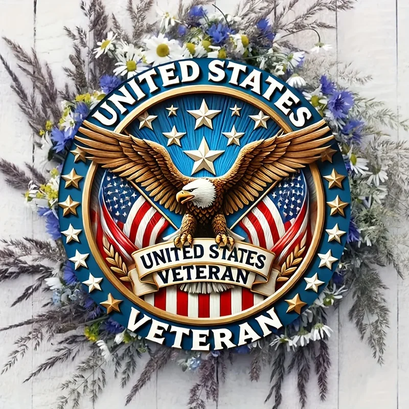 1pc United States Veteran Emblem, 8x8 Inch Round Iron Sign, Patriotic Eagle and American Flag Wall Decor for Home, Living Room,