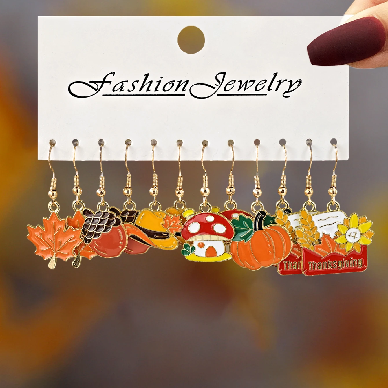 Cross-Border New Style Thanksgiving Creative Enamel Earring Set - Pumpkin, Maple Leaf, Squirrel, Turkey, Mushroom, Fox Designs