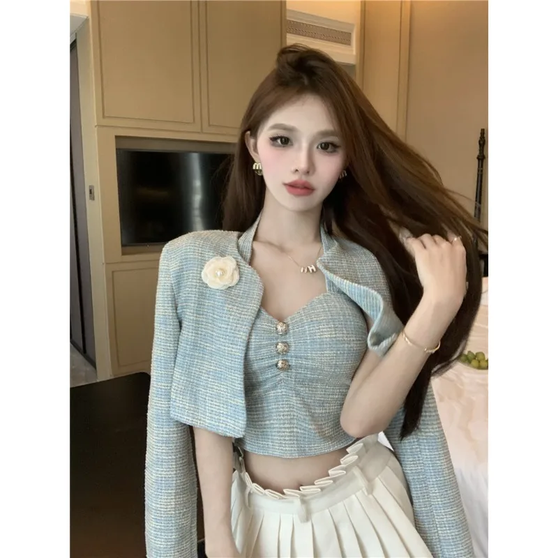 Shpmishal Temperament Small Fragrant Style Cardigan Short Jacket Women Autumn and Winter Hanging Neck Camisole Two-piece Set