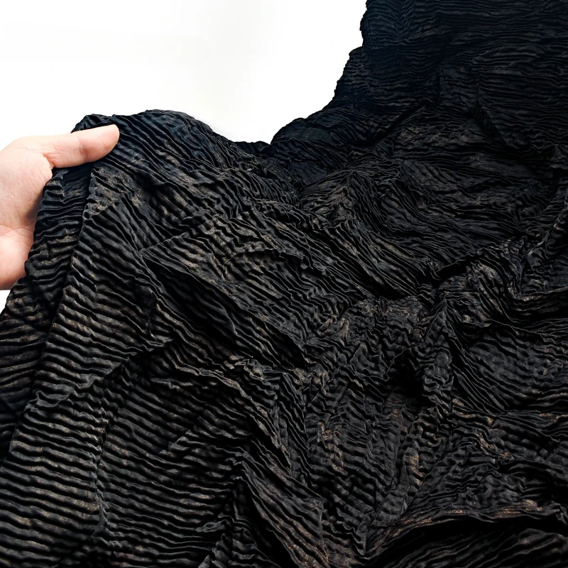 Folded Texture Fabric Black Gold Toothpick Reconstruction High-end Ready To Wear Design Skirt Clothing Designer Fabric