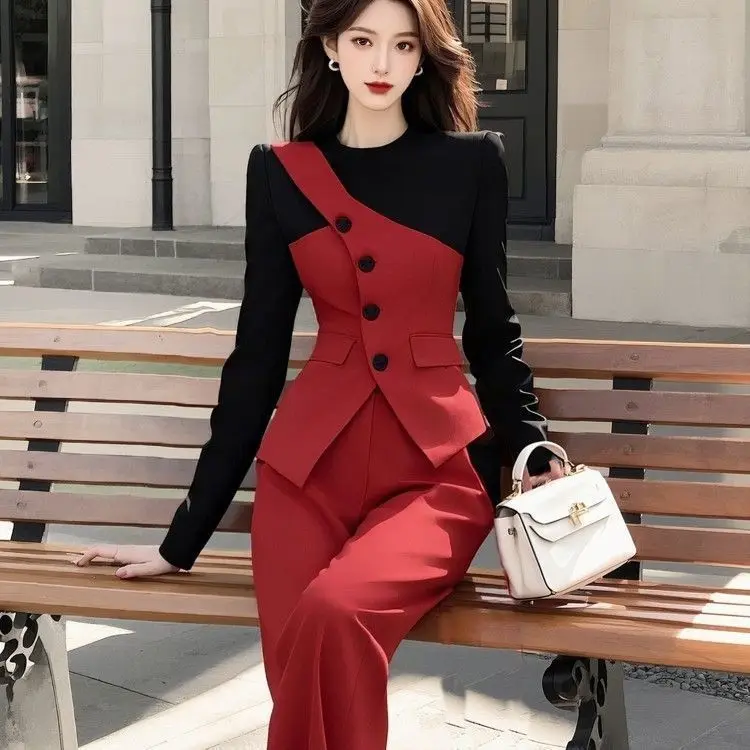 New High End Contrast Color Autumn Women's Two Piece Set Fashion Office Lady Long Sleeve Patchwork Blazer + Straight Pants Suit