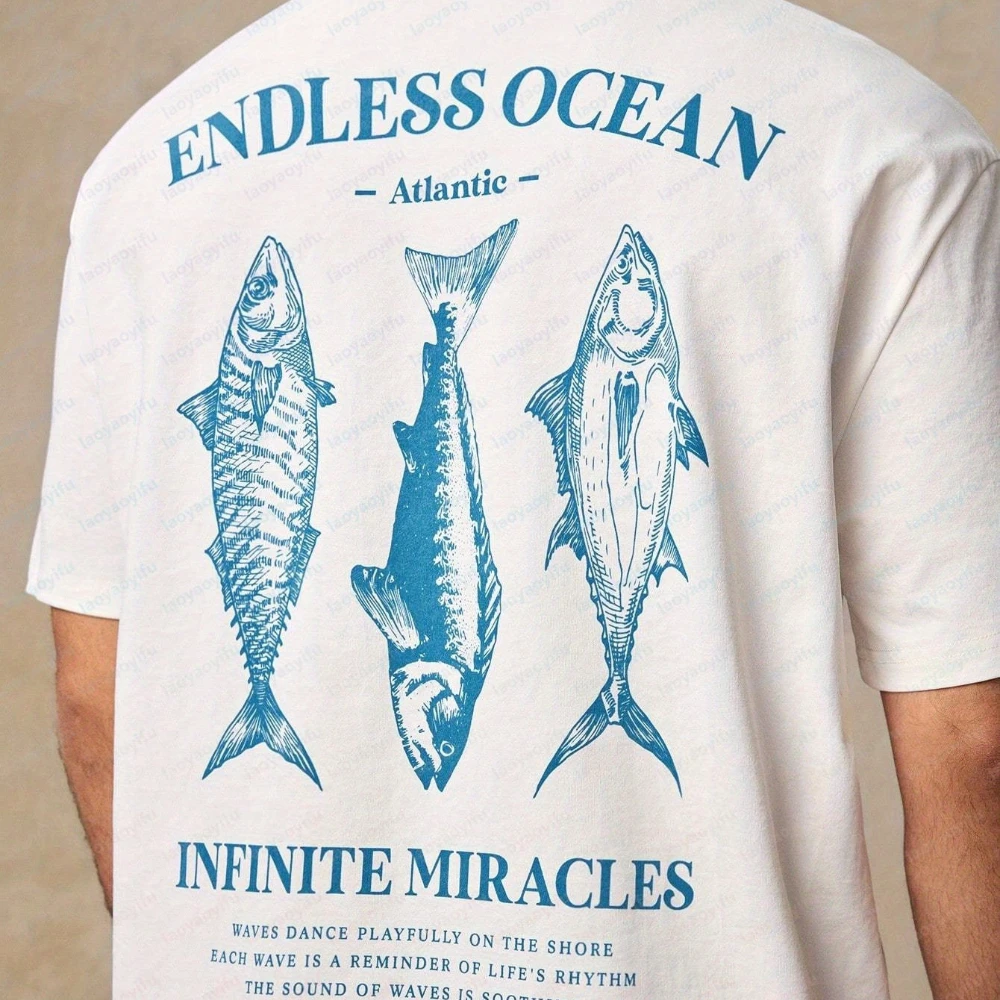 Men'S Casual Fish Pattern Print Round Neck Short Sleeve T-Shirt Suitable for Outdoor Home Dates Beach Couple Outfit Men'S Gift