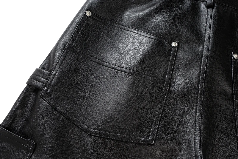 Schwarze PU-Leder Zimmermannshose mit Nieten, Doppelknie-Arbeitshose für Herren, Streetwear Hip-Hop Baggy Weite Cargo-Hose – Detail 11