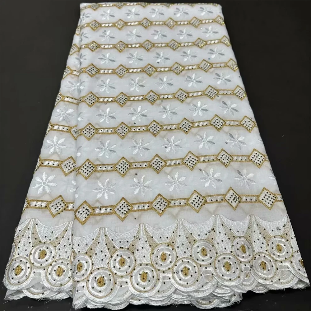 Embroidered Swiss Voile Lace Fabric With stones Cotton Lace 5 Yards African Lace White And Gold Color For Women Dress