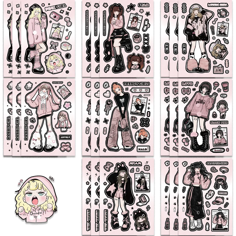 

8pcs Funny Cute Beauty Girl Stickers Black and Pink Collage Sticker for iPad Scrapbooking Stationery Guitar Waterproof DIY Toy