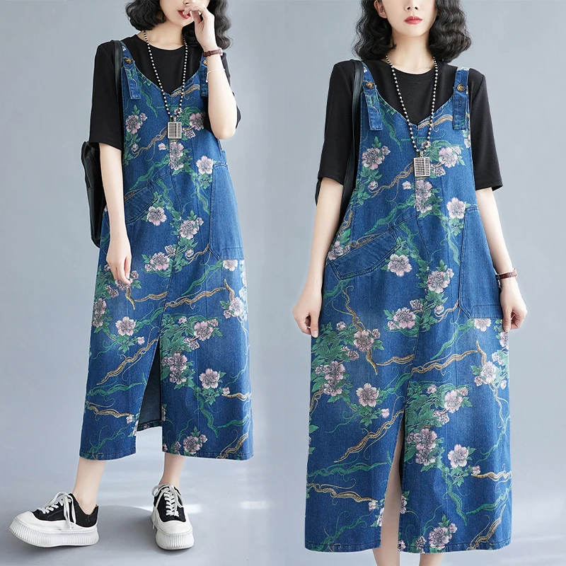 Tamanho grande denim macacão casual faion retro impressão algodão poliéster mistura a linha saia longa vintage sle feminino dr