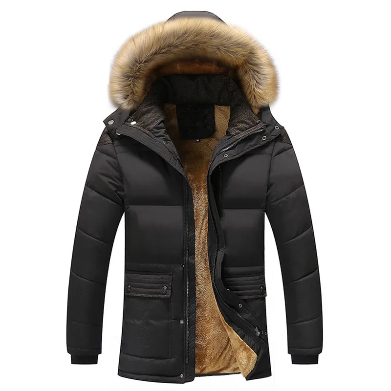 Casaco de inverno gola destacável casual juventude cor sólida veludo zíper médio longo algodão-acolchoado roupas jaqueta de inverno masculina