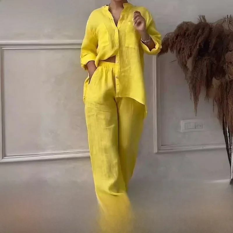 

Женский комплект из хлопковой льна Long Sve irt с широкими брюками, удобная дышащая повседневная спортивная одежда, летняя одежда