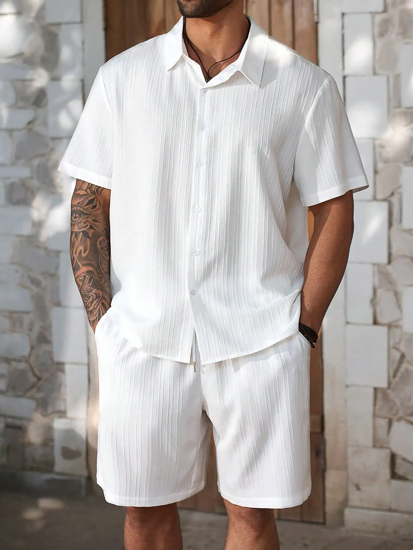 

Men's Casual Solid Color Short Sleeve Shirt And Shorts Set