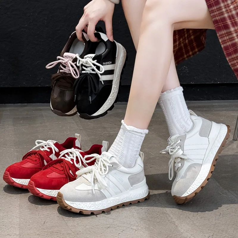 Women Block Sneaker Comfortable Durable Lace Up Thick Platform Non-Slip Rubber Sole Fashion Casual Walking Shoe Zapatos De Mujer