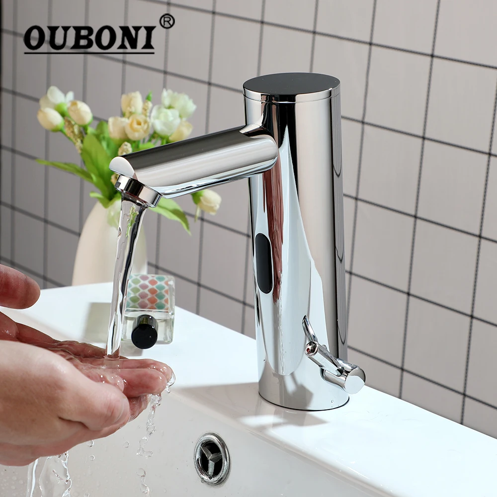 

OUBONI Bathroom Basin Faucet Chrome Polished Golden Deck Mounted Sensor Faucets Automatic Hands Brass Sink Taps Water Mixer