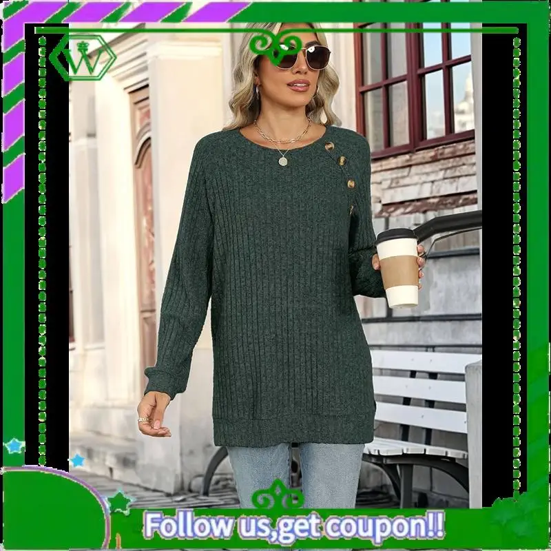 

A18P-Long Sleeve Shirts For Women Ligh-Tweight Button Decor Tunic Tops Side Split