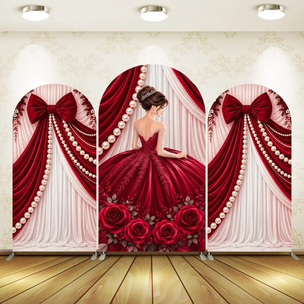 Red Dress Princess Arch Backdrop Cover Red Curtain Pearl Bow Quinceanera 15th Girl's Birthday Party Decor Wedding Background