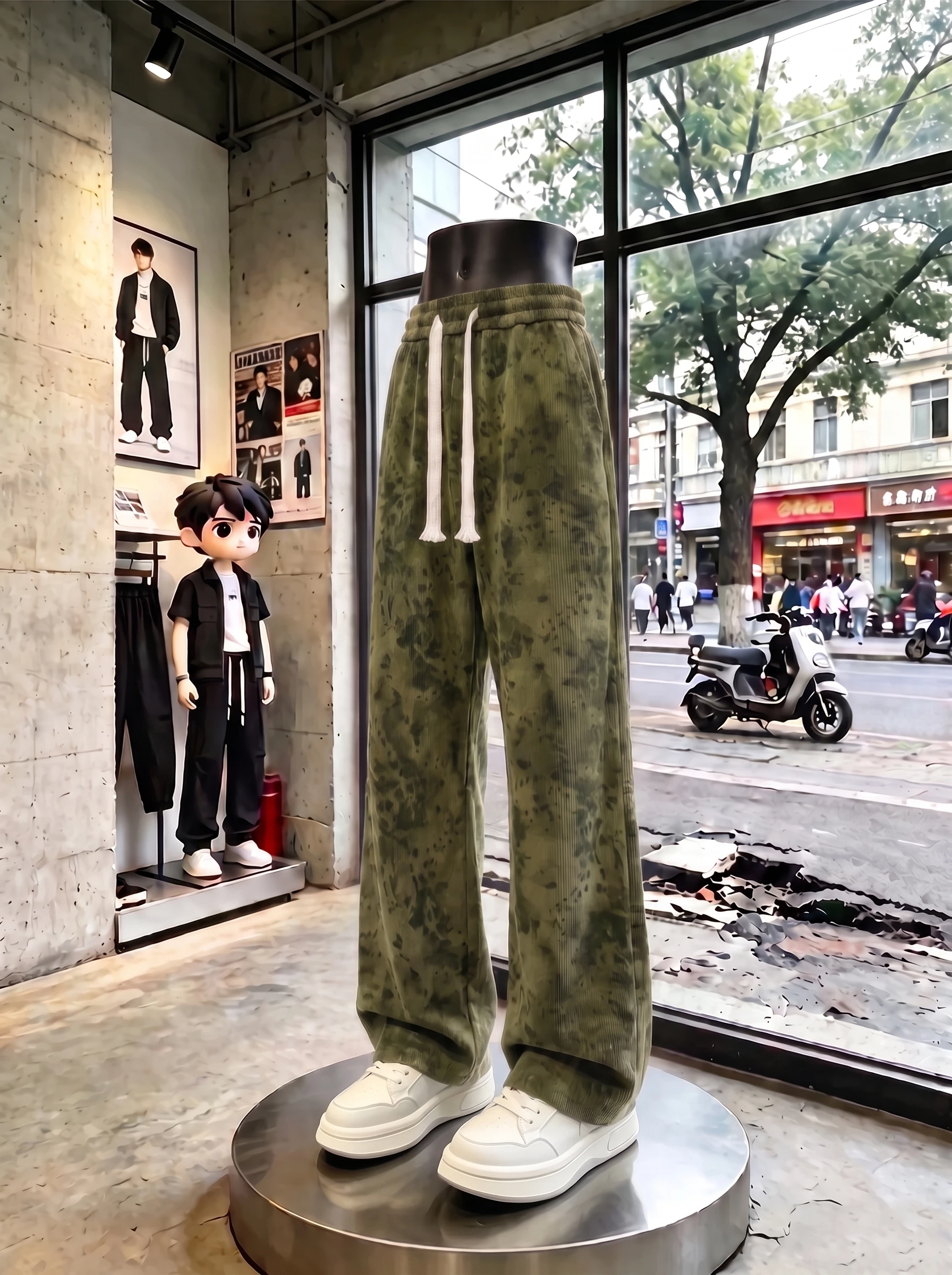 American Retro Tie Dye Corduroy Men's Autumn Weathered Design Straight Leg Sport Casual Sweatpants Loose Fit Workwear Pants