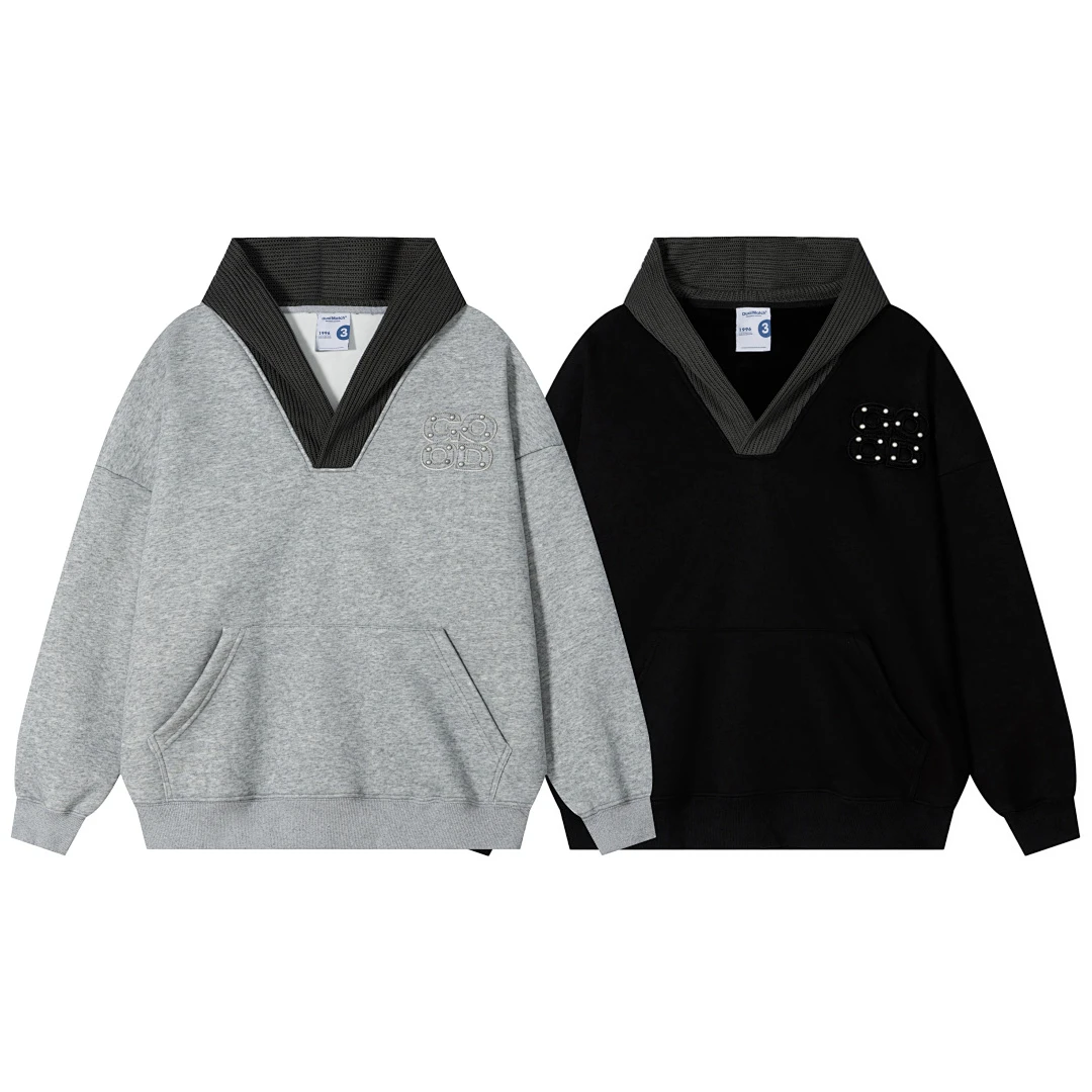 Color Block Faux Two Piece Hoodie Mesh V Neck Rivet Embroidered Loose Fit Men Women Streetwear Kangaroo Pocket Sweatshirt