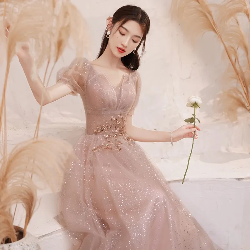 

Banquet new pink design sense host temperament will dress