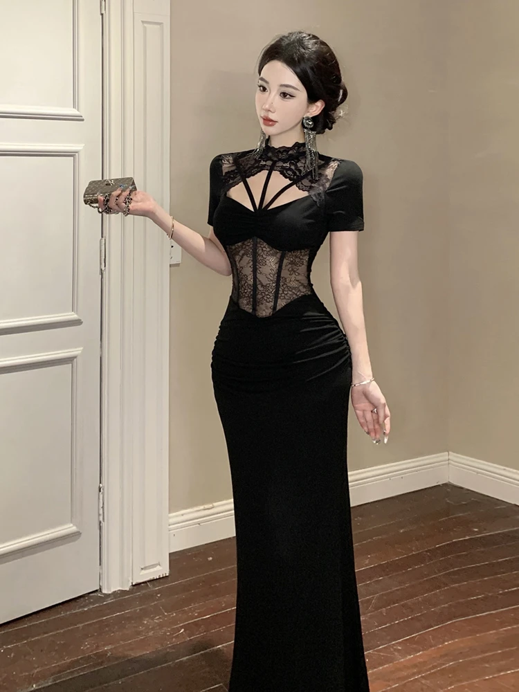 Elegante Spitze Getäfelten Ausschnitt Ohne Knochen Schwarz Bodycone Abendkleid Sexy Luxus Shheer Geraffte Kleid frauen Party Prom Vestidos Kleid