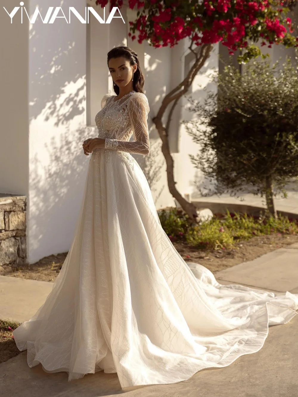 

New Opulent Beaded Pearls Wedding Dress Romantic Puff Sleeve Bridal Gown Customized A-line Floor-length Dresses For Bride