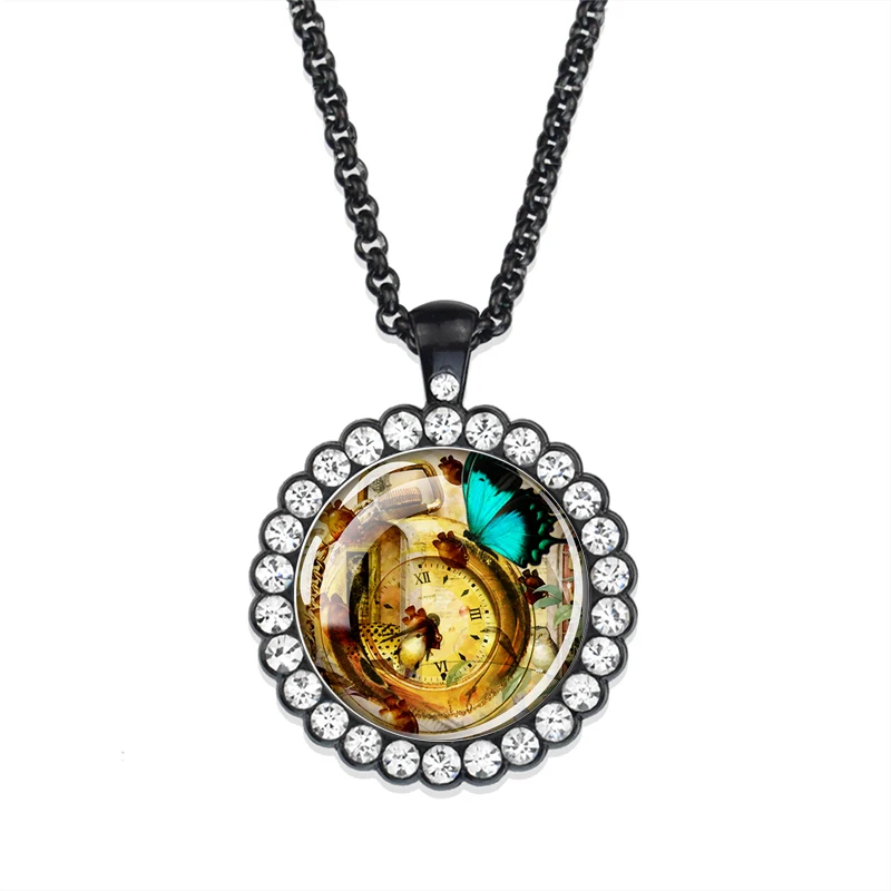 1 قطعة ساعة الحشرات الطائرة تحت عنوان حجر الراين الأسود قلادة قلادة الزجاج كابوشون الأزياء الميكانيكية قلادة قلادة معدنية هدية