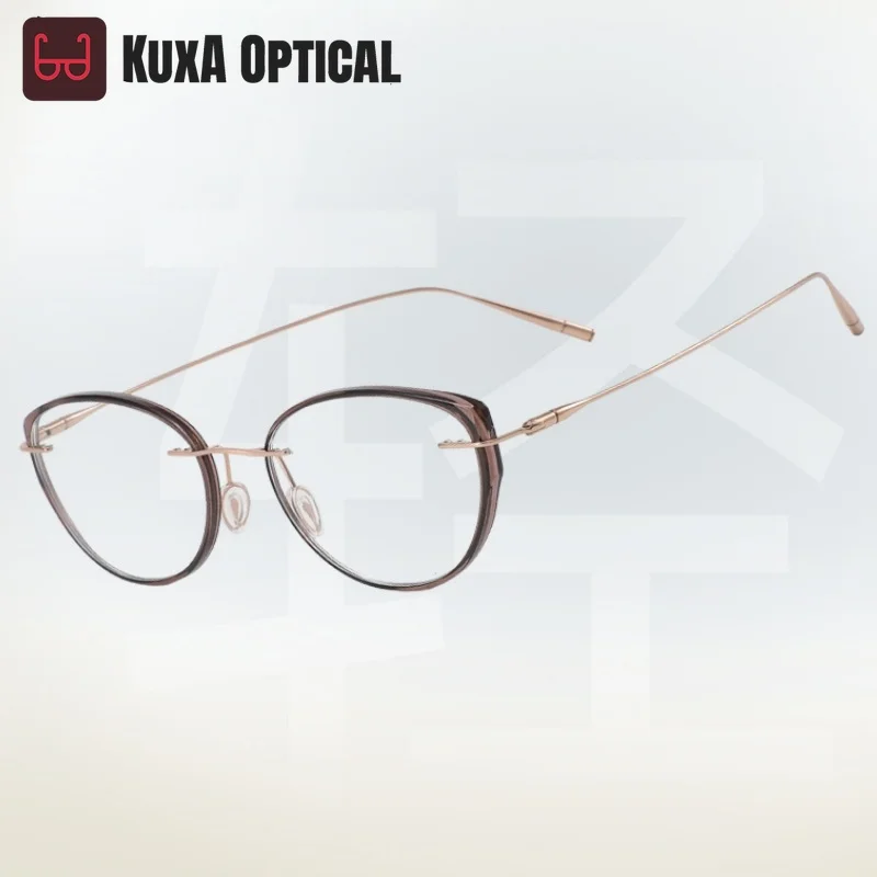 XUKA New Fashion Trendy Glasses Titanium Alloy Ultra Light Retro Eyeglasses Women's Cat Eye Detachable Rimless Frame TI0202