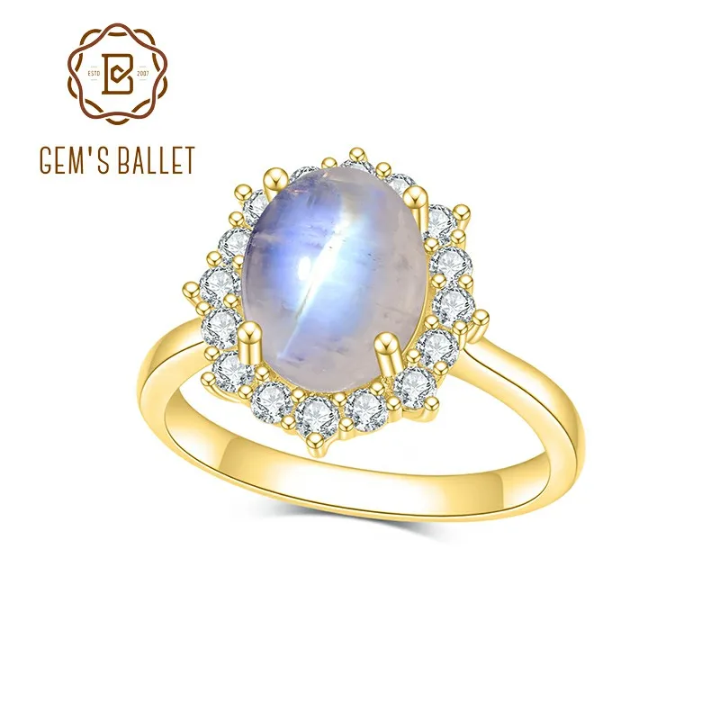 

GEM'S BALLET 3.24CT 8X10mm Oval Cut Moonstone Unique Cluster Halo Engagement Rings in 925 Sterling Silver Women's Gemstone Ring