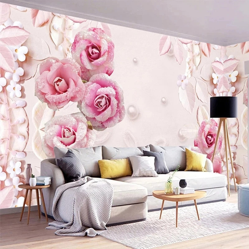 Custom 3D Romantic Pink Rose Pearl Jewel Mural Wedding House Wallpaper Living room TV background wall bedroom restaurant flowers