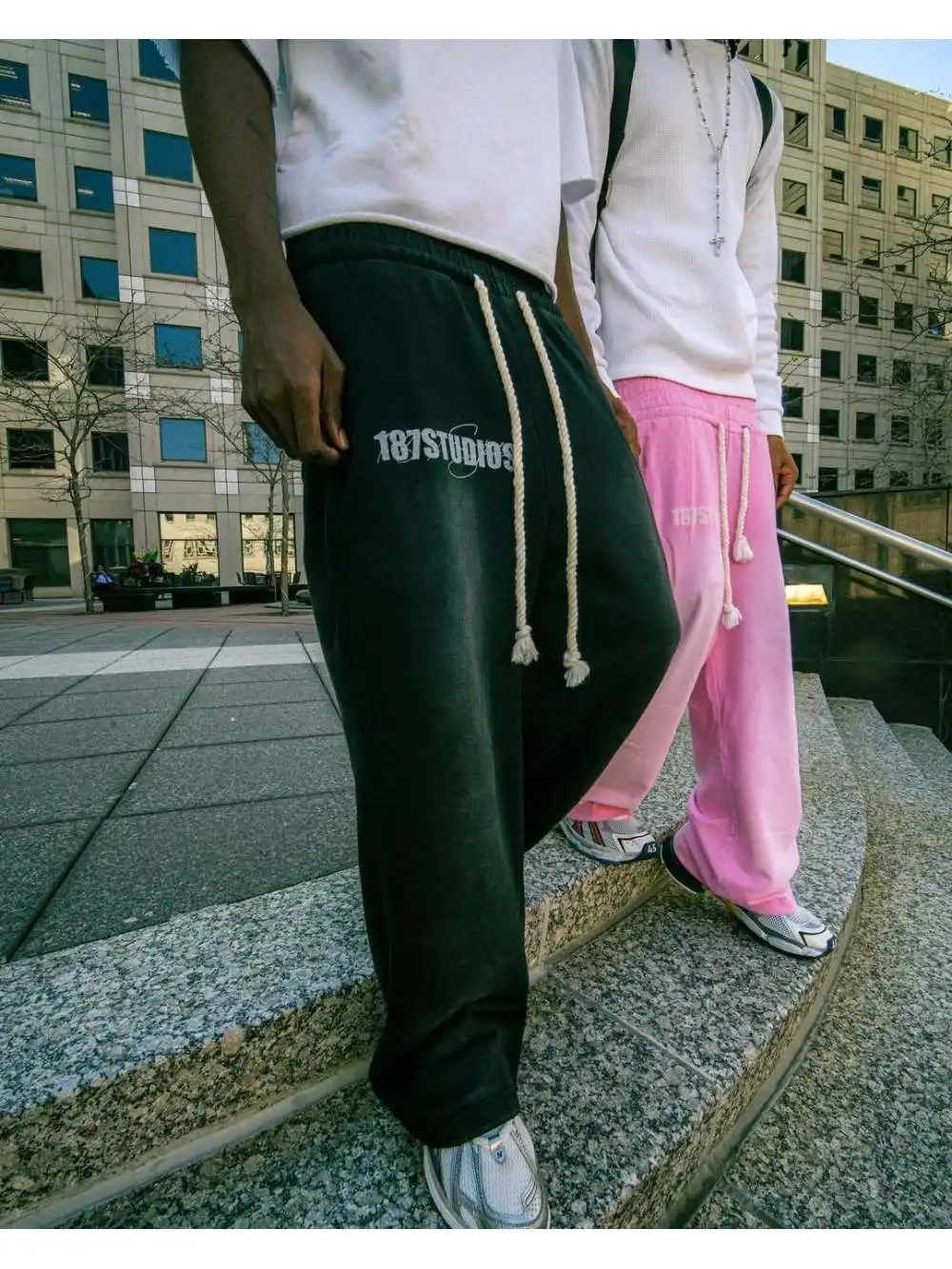 Street casual fashion double trousers design straight trousers, minority do old retro prints, unisex elastic waist trousers.