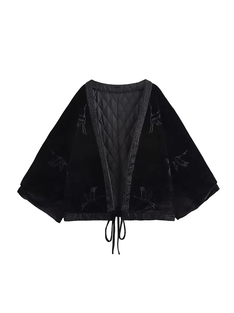 

Willshela Women Fashion With Beading Black Bow Lace Up Coats Vintage V-Neck Long Sleeves Female Chic Lady Outfits