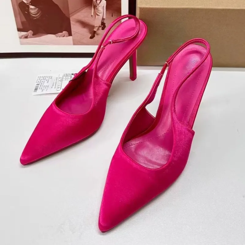 luxury pink women high heels shoes for party prom elegant Silk shallow slingbacks wedding bride pumps 2025 spring footwear - view 5