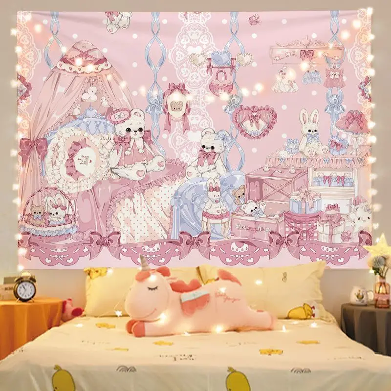 VIKAMA Pink Wave Dot Lace Princess Tapestry Bow Bear Rabbit Dress Cartoon Background Cloth Warm Tapestry Room Decoration