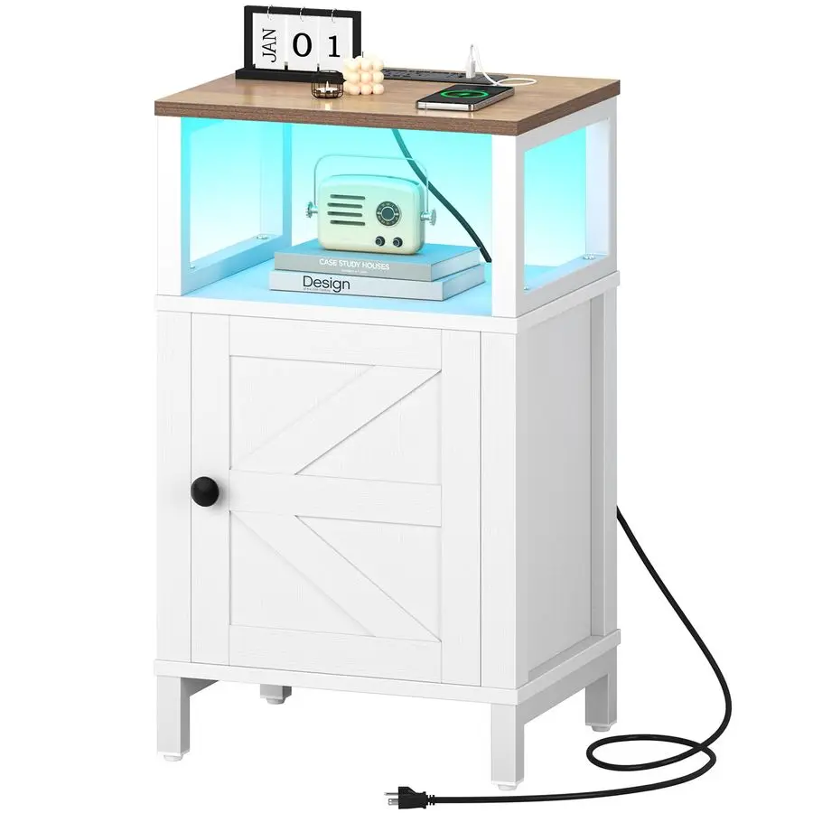 

Прикроватная тумбочка в стиле фермерского дома с зарядной станцией, деревянная тумбочка с USB-портами, прикроватный столик со светодиодной подсветкой и шкафчиком для хранения