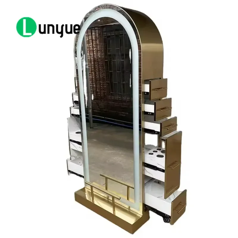 Luxury Gold Round Double Sided Hair Styling Mirror Station Cosmetic Dressing Table for Beauty Shop Home Use Unique