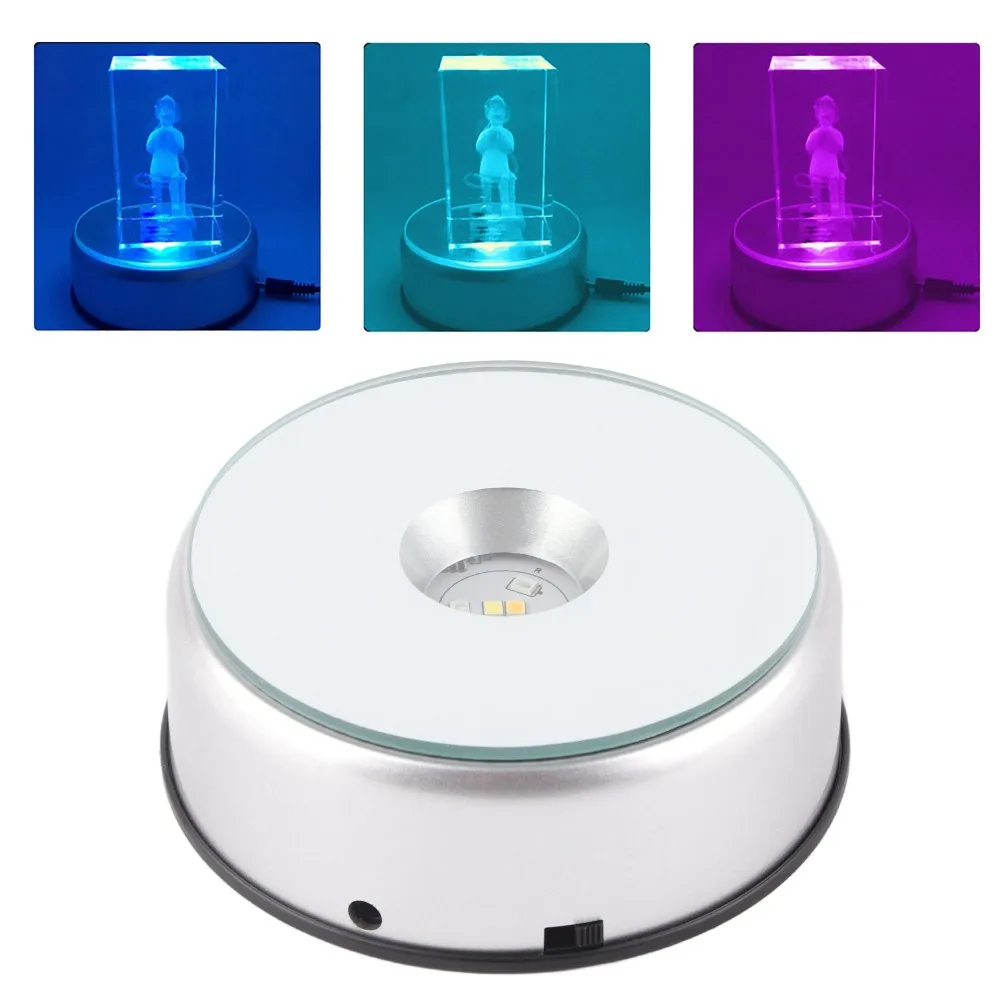 Pedestals Colorful Light LED Display Base Rotary Stand LED Crystal Display Base Silver Rotating Display Stand For Crystals