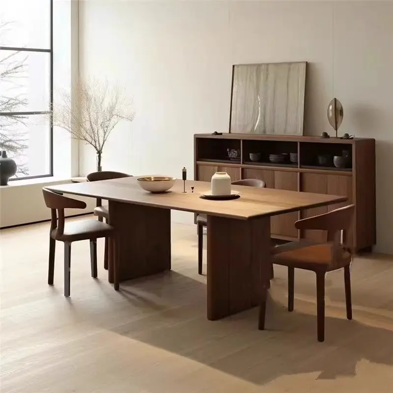 Light luxury retro walnut dining table solid wood log wabi-sabi wind fish tail medium antique Nordic rectangular desk dining