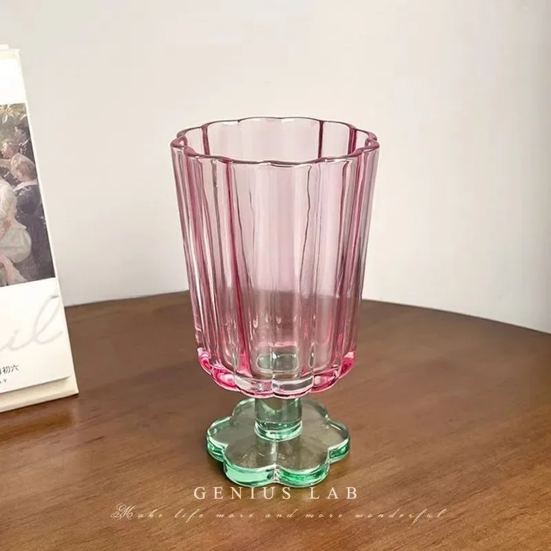 250ml French Style Glass Cup  Flower Shaped Wine Glass Cute Boba Tea Drinking Glass Home Bar Drinkware Summer Holiday Gifts
