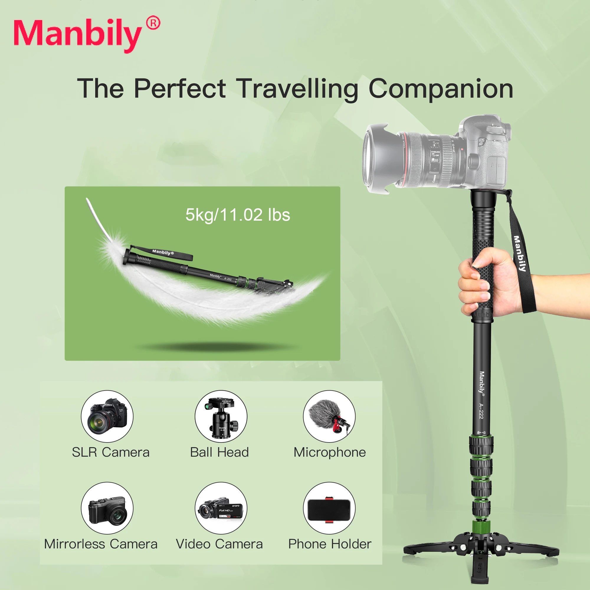 

Manbily A-222+M-2 Aluminium Portable Professional Camera Monopod Walking Stick Outdoor with Base for Canon Nikon DSLR