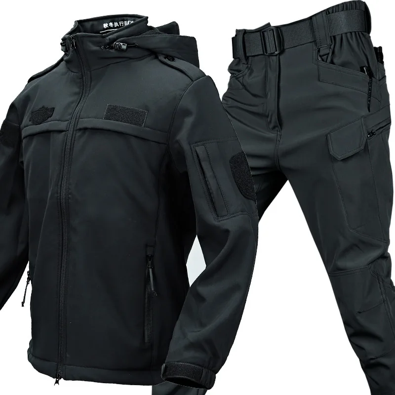 Men's Autumn And Winter Military Fan Shark Skin Soft Shell Set Fleece Thick Warm Clothing Outdoor Commuting Windproof Suit