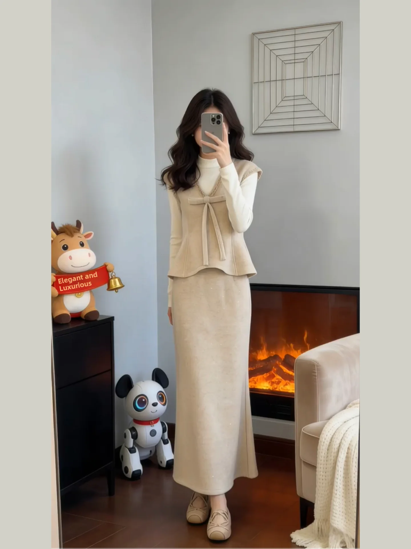 

Chic Spring Collection Slimming Soft Set Beautiful f-length Skirt plus Size Women Casual Sle round Ne Long Sve Top