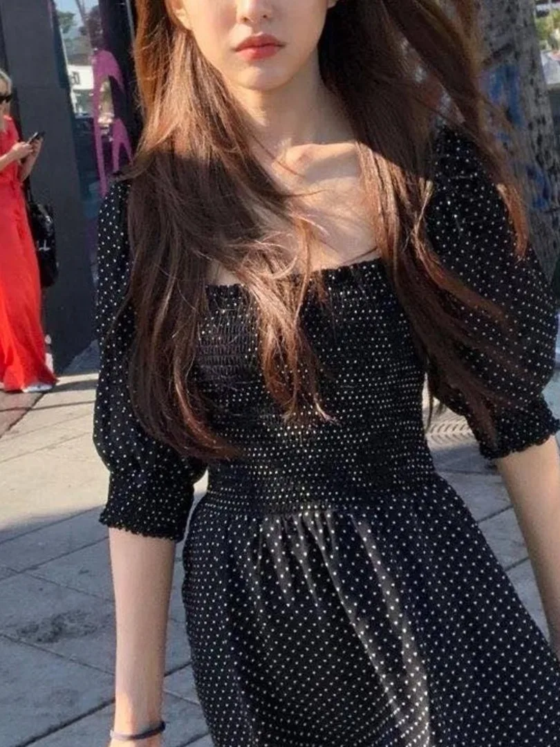 Chic été Vintage col carré à pois taille bulle Sve Dr Ele minceur Design décontracté confortable ajustement Dr