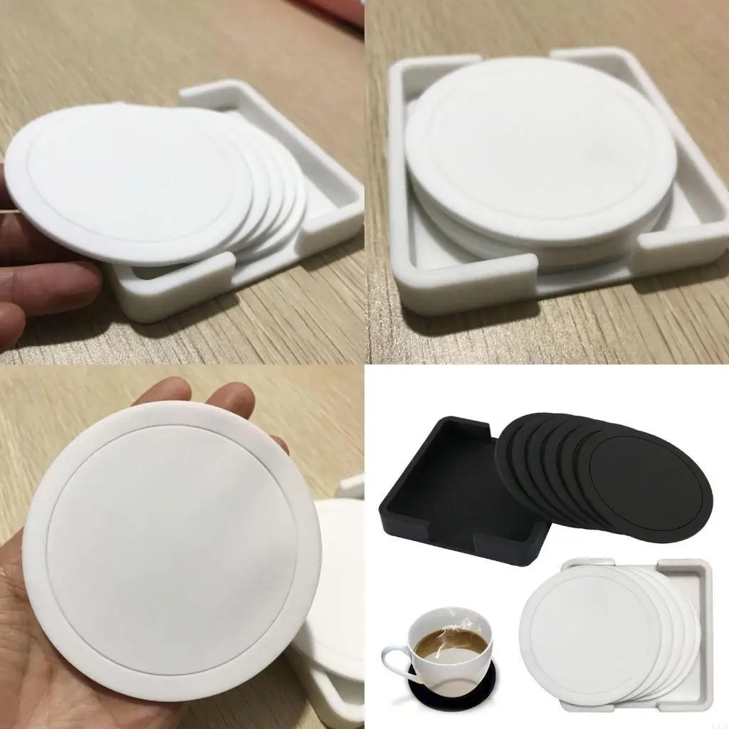 L43A 7 Pieces Round Heat Resistant Silicone Mat Drink Cup Coasters Easy to Use Clean
