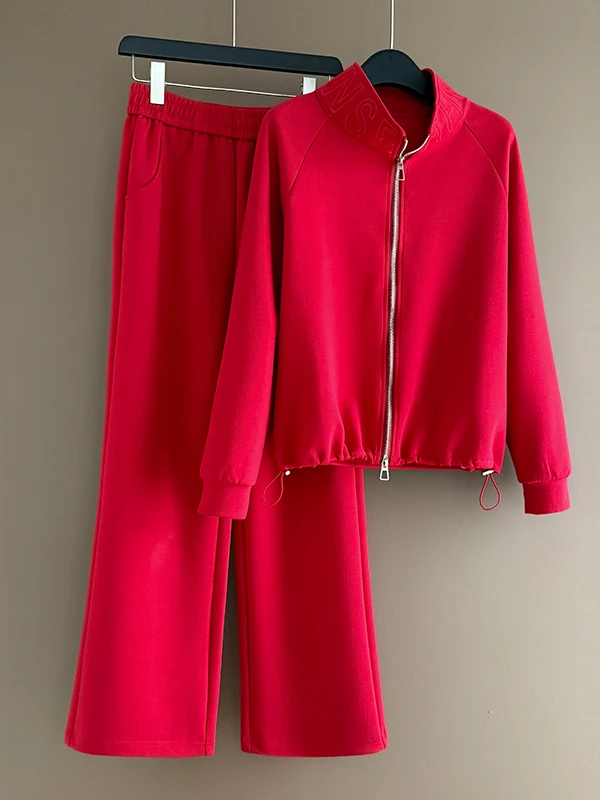 

New Year Red Women's Sportswear Set High Waist Wide Leg Pants Long Sleeve Top Comfortable Spring Fashion Outerwear Two Pieces