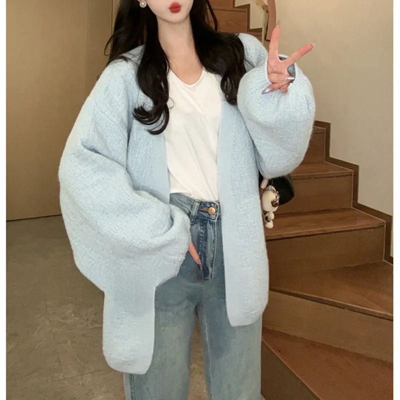 

Women New Coat Korean Simple Knitted Open Cardigan Spring Autumn New Loose Bubble Sleeve Lazy Style Sweater Trend Outerwear B939