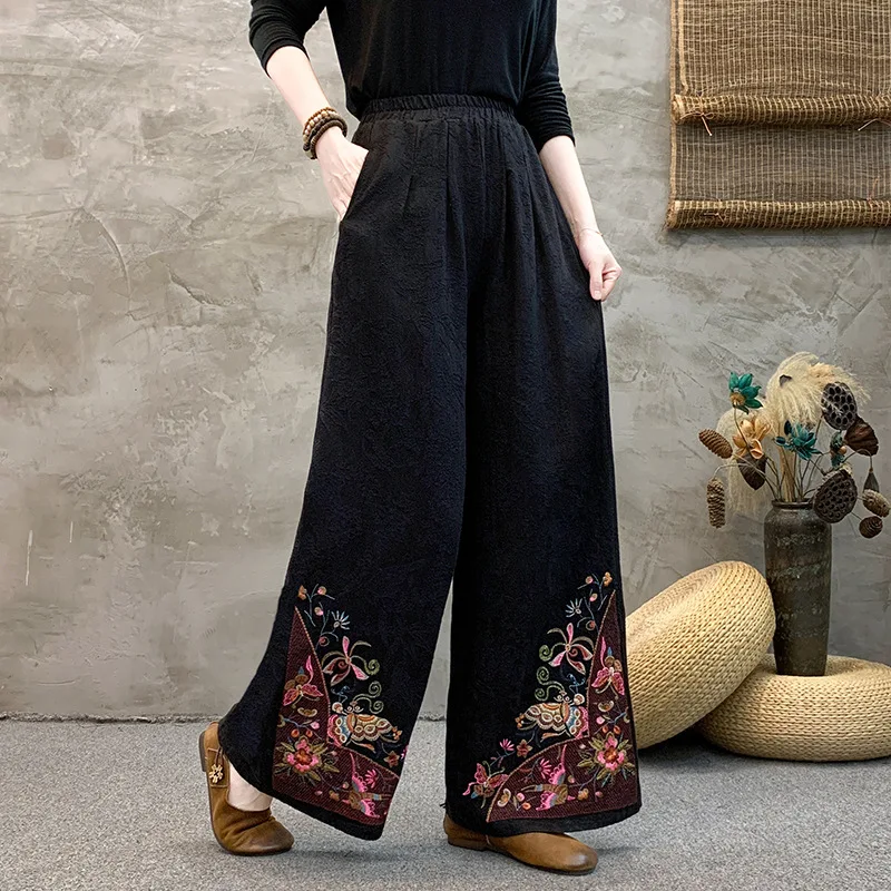 Retro Ethnic Style Embroidery Women Casual Cotton And Linen Wide-leg Pants Spring Lady Elegant Lace-up High Waist Trousers