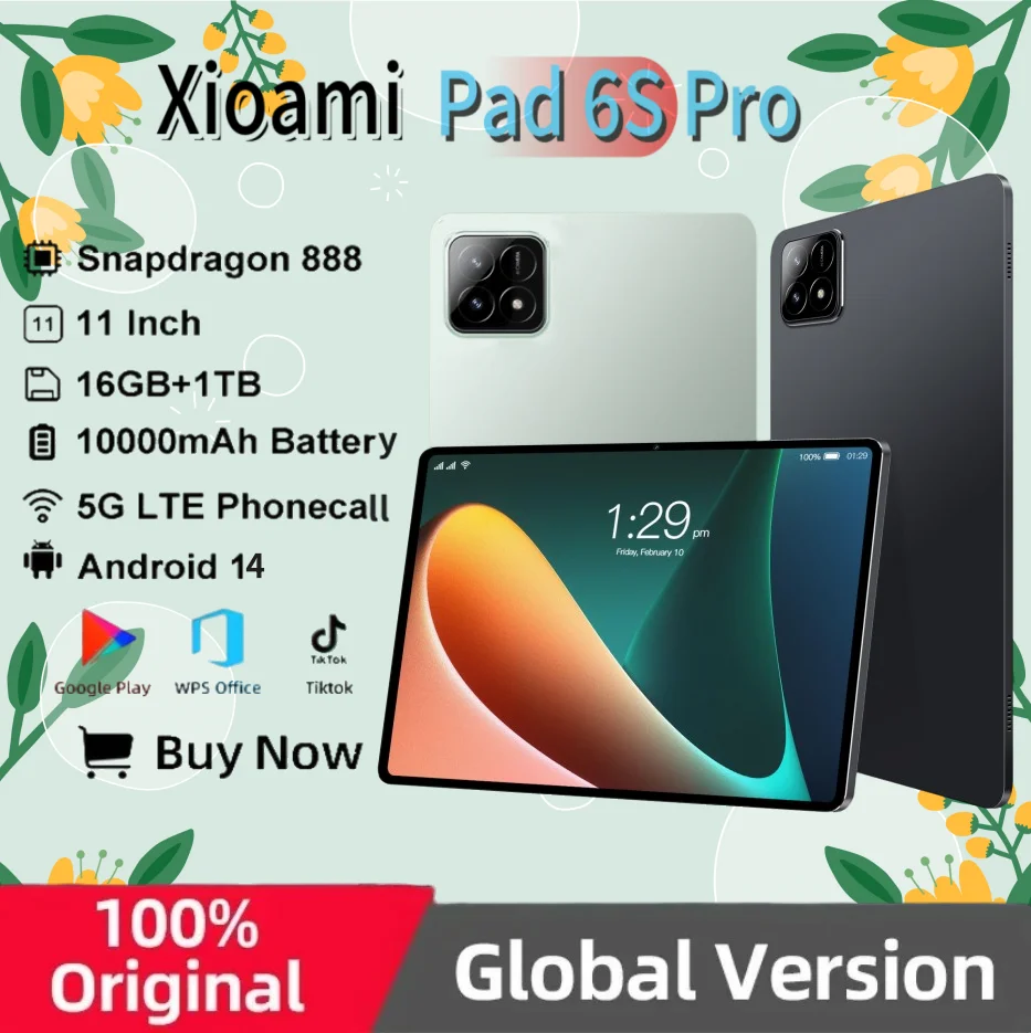 

Business Edition Pad 6S Pro Tablet XioaMi Android 14 11-inch 4K HD 16GB + 1TB Snapdragon 888 5G Bluetooth 5.0 WPS Office Popular