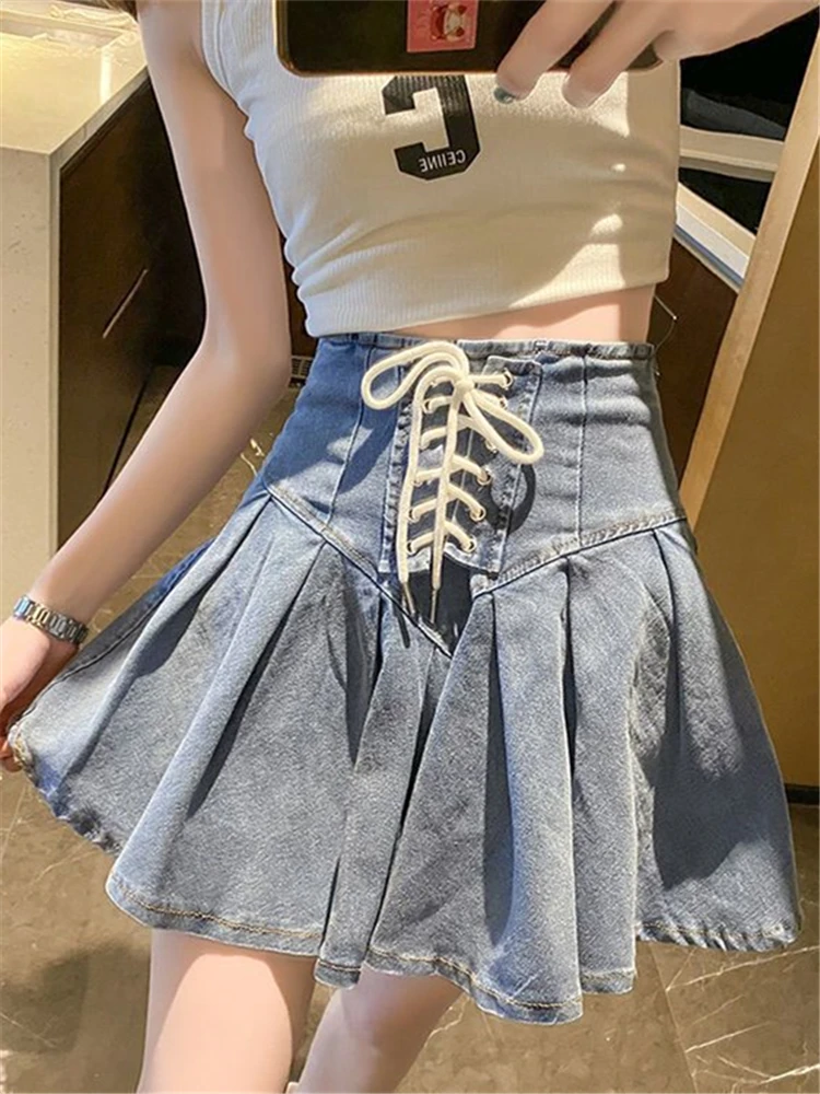 Jupe trapèze taille haute coréenne pour femmes, jupe ort plissée en Denim élastique avec bande à nouer croisée, nouvelle collection 2024