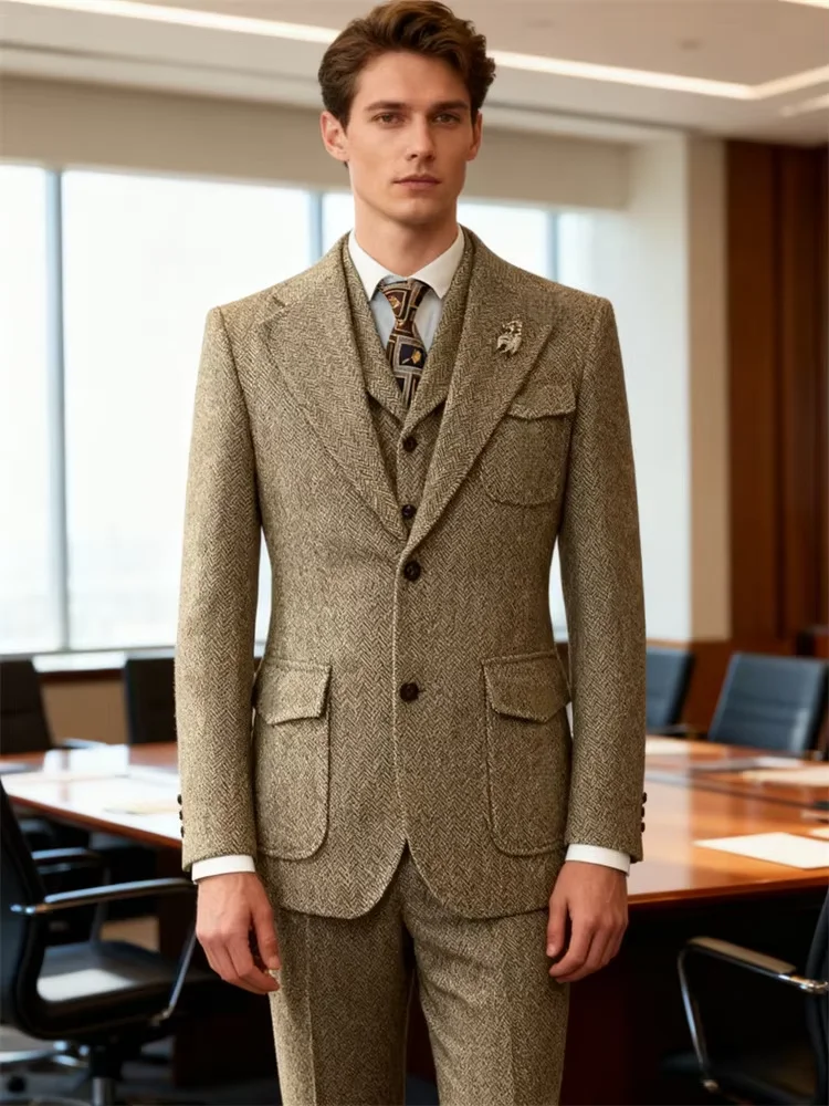 2026 New Classic Herringbone Elegant Man Suit Sets High Quality Luxury Men's Suits Wedding Dress 3 Piece Set Jacket Vest Pants