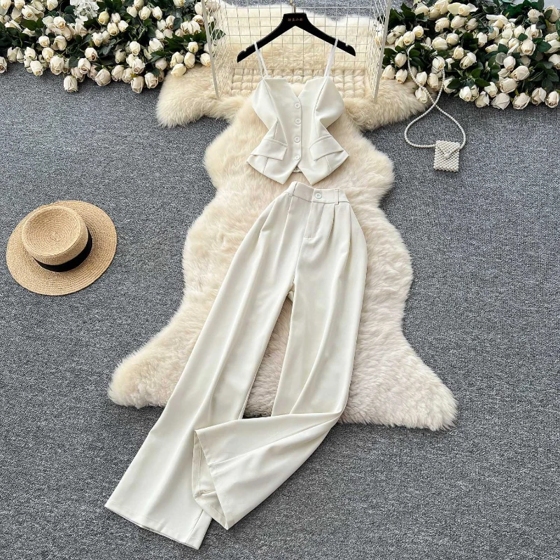 

Fashion two-piece set women in summer new high-end single breasted suit vest+high waist wide legs straight leg pants solid set