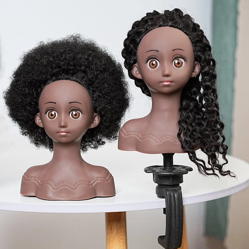 

100% Human Hair Afro Curly Hair Black Mannequin Head with Cosmetology Doll Head Styling Training Head with Mount Hole