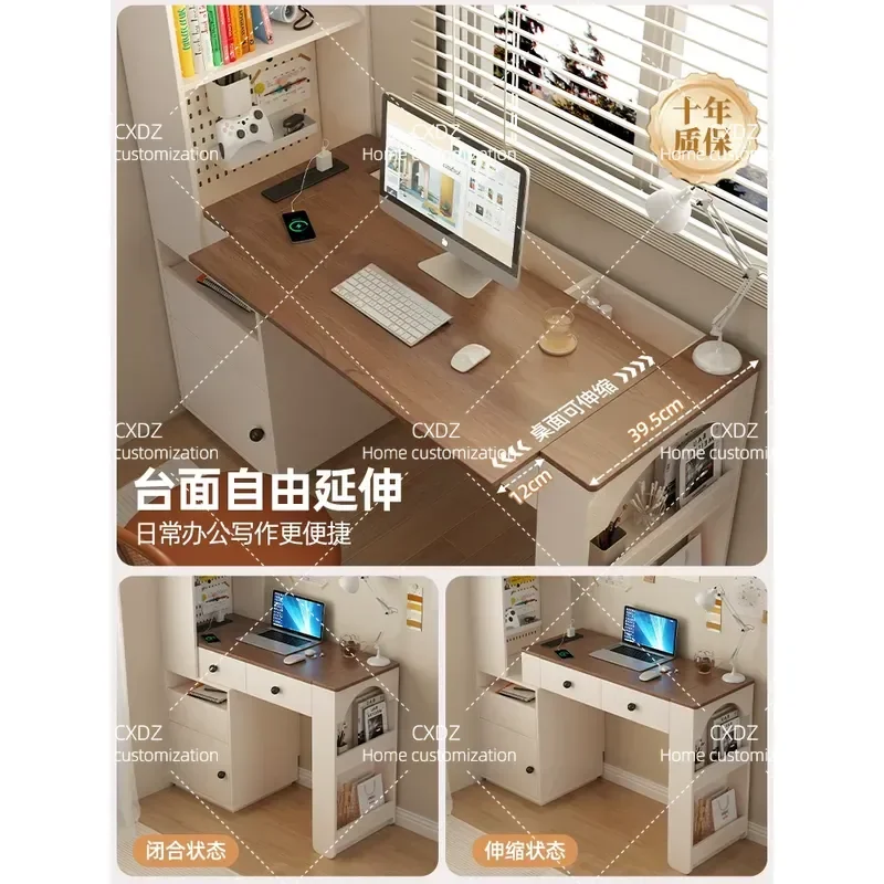 Solid Wood Corner Desk with Bookcase L Shaped Telescopic Computer Table for Small Apartment Bedroom Study Home Office